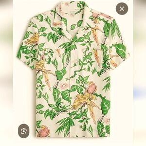 J. Crew Green and Cream Parrot Cotton Knit Short Sleeve Camp Collar Shirt XL NEW